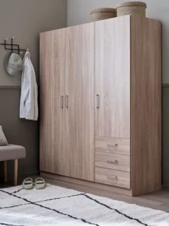 FANDRUP Garderobeskabe Med Skydedøre|Garderobeskabe Med Skydedøre|Garderobeskab 145x176 3 låger 3 skuffer lys egefarve Lyseg