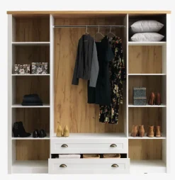 MARKSKEL Garderobeskabe Med Skydedøre|Garderobeskabe Med Skydedøre|Garderobeskab 212x210 hvid/egefarve