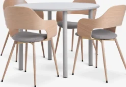 HANSTED + HVIDOVRE Spisebordssæt|HANSTED Ø100 bord grå + 4 HVIDOVRE stole lys eg