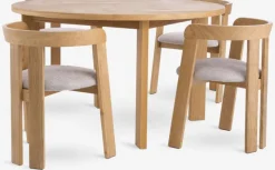 HARESKOV + BOVRUP Spisebordssæt|HARESKOV Ø129 bord eg + 4 BOVRUP stole eg/beige