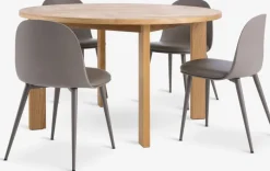HARESKOV + ULDAL Spisebordssæt|HARESKOV Ø129 bord eg + 4 ULDAL stole brun