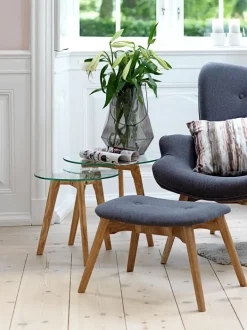 FALSLED Hjørneborde|Sofaborde|Indskudsborde Ø50/40 glas/eg 2 stk.