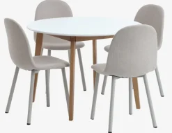 JEGIND + EJSTRUP Spisebordssæt|JEGIND Ø105 bord hvid + 4 EJSTRUP stole beige
