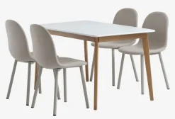 JEGIND + EJSTRUP Spisebordssæt|JEGIND L130 bord hvid + 4 EJSTRUP stole beige