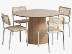 KLIPLEV + HASSING Spisebordssæt|KLIPLEV Ø120 bord eg + 4 HASSING stole rattan