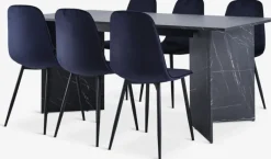 KRONDAL + BISTRUP Spisebordssæt|KRONDAL L180 bord marmor + 4 BISTRUP mørkeblå velour