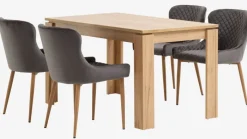 LINTRUP + PEBRINGE Spisebordssæt|LINTRUP L140 bord eg + 4 PEBRINGE stole grå velour