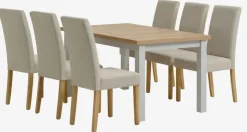 MARKSKEL + TUREBY Spisebordssæt|MARKSKEL L150/193 bord lys grå + 4 TUREBY stole beige