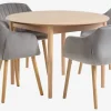 MARSTRAND + ADSLEV Spisebordssæt|MARSTRAND Ø110 bord eg + 4 ADSLEV stole grå velour