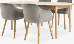 MARSTRAND + ADSLEV Spisebordssæt|MARSTRAND L200 bord eg + 4 ADSLEV stole grå velour