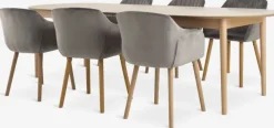 MARSTRAND + ADSLEV Spisebordssæt|MARSTRAND L200 bord eg + 4 ADSLEV stole grå velour