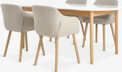 MARSTRAND + ADSLEV Spisebordssæt|MARSTRAND L200 bord hvid + 4 ADSLEV stole beige