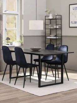 MOSELUND + BISTRUP Spisebordssæt|MOSELUND bord L180 keramik + 4 BISTRUP stole mørkeblå velour
