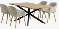 NORTOFT + ADSLEV Spisebordssæt|NORTOFT L200 bord eg + 4 ADSLEV stole beige stof