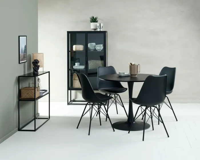 RINGSTED + KLARUP Spisebordssæt|RINGSTED Ø100 bord sort + 4 KLARUP stole sort