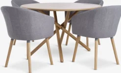 SKIBET + KLOSTER Spisebordssæt|SKIBET Ø120 bord lys eg + 4 KLOSTER stole lysegrå/eg