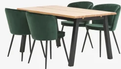 SKOVLUNDE + RISSKOV Spisebordssæt|SKOVLUNDE L160 bord lys eg + 4 RISSKOV stole mørkegrøn