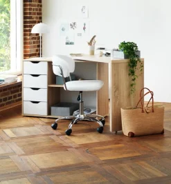 LANGAGER Skriveborde|Skrivebord 41-107x107-165 lys eg farve/hvid