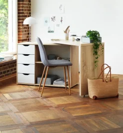 LANGAGER Skriveborde|Skrivebord 41-107x107-165 lys eg farve/hvid