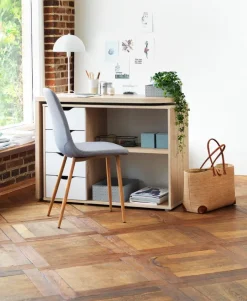 LANGAGER Skriveborde|Skrivebord 41-107x107-165 lys eg farve/hvid