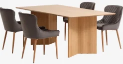 VESTERBORG + PEBRINGE Spisebordssæt|VESTERBORG L200 bord eg + 4 PEBRINGE stole grå velour